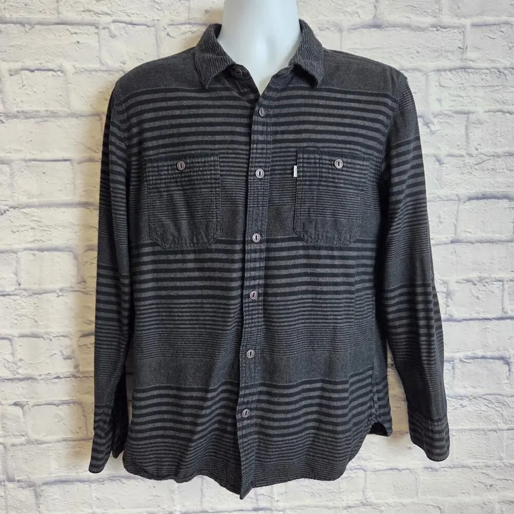 Levi's Mens Medium Black Gray Stripe Long Sleeve Flannel Button Down Shirt - Picture 4 of 13